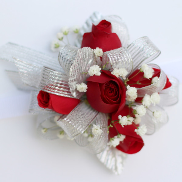 Red and Silver Spray Rose Wrist Corsage