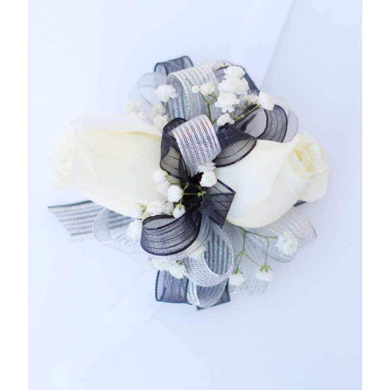 White Rose Corsage with Silver and Black Ribbon - Same Day Delivery