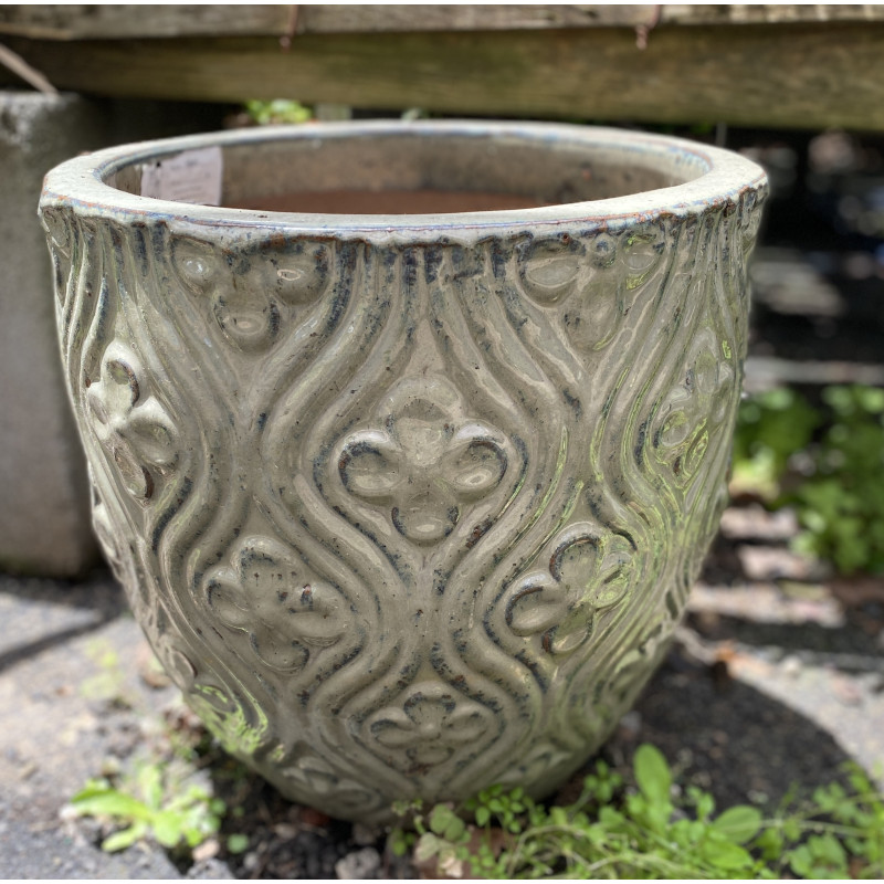 Cream Frost Proof Pot with Floral accents  - Same Day Delivery