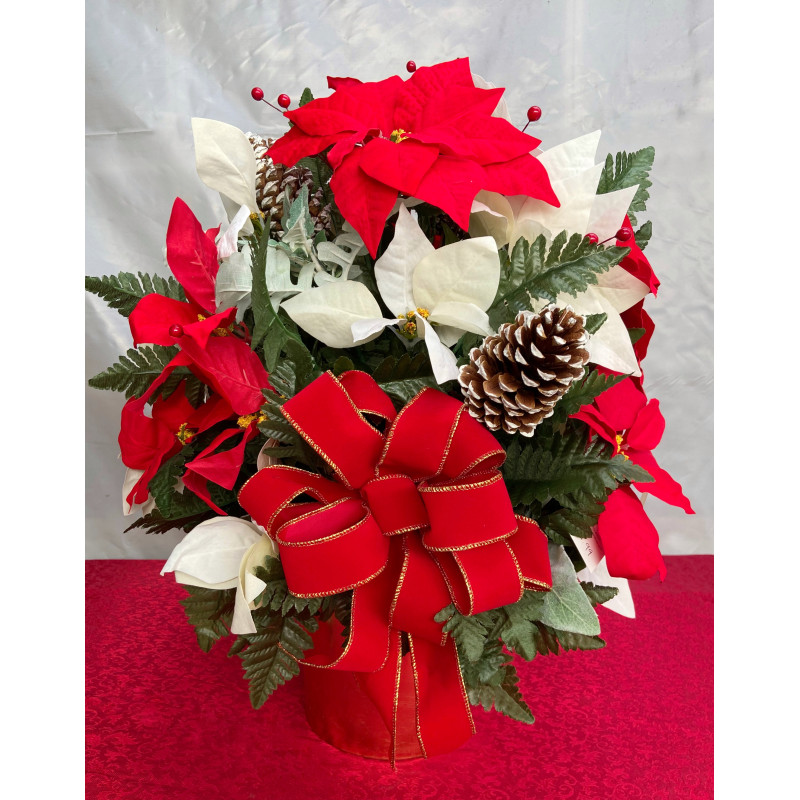Silk Cemetery Flowers Red and White Poinsettias - Same Day Delivery