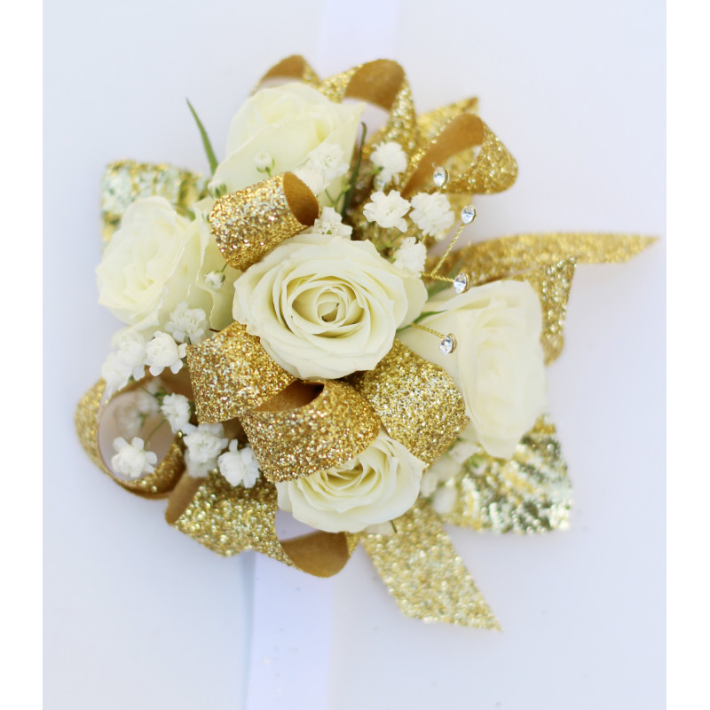 White Rose and Gold Sparkle Wrist Corsage - Same Day Delivery