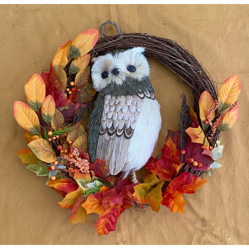 Silk Fall Owl Wreath - Same Day Delivery