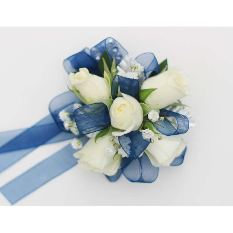 White and Navy Wrist Corsage - Same Day Delivery