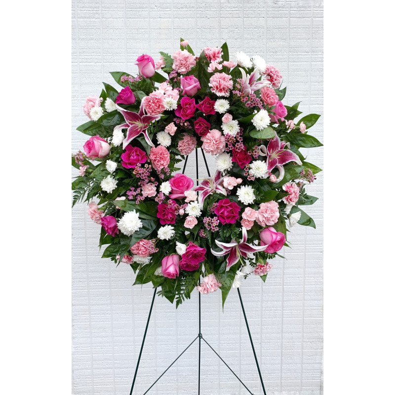 Pink and Green Funeral Wreath - Same Day Delivery