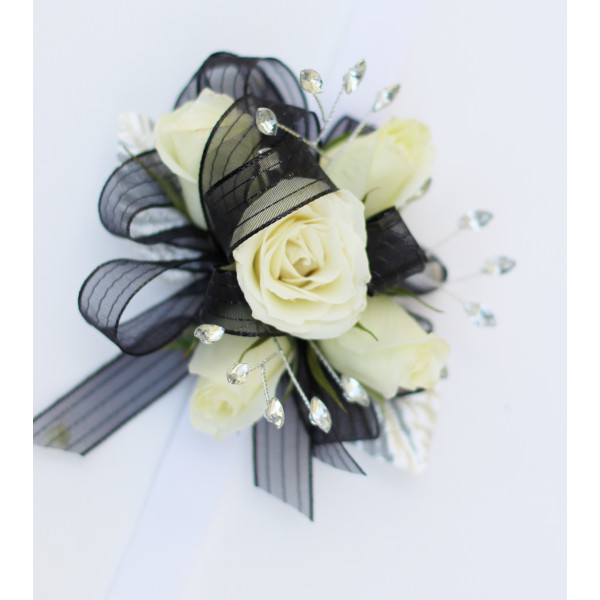 White and Black Spray Rose Corsage